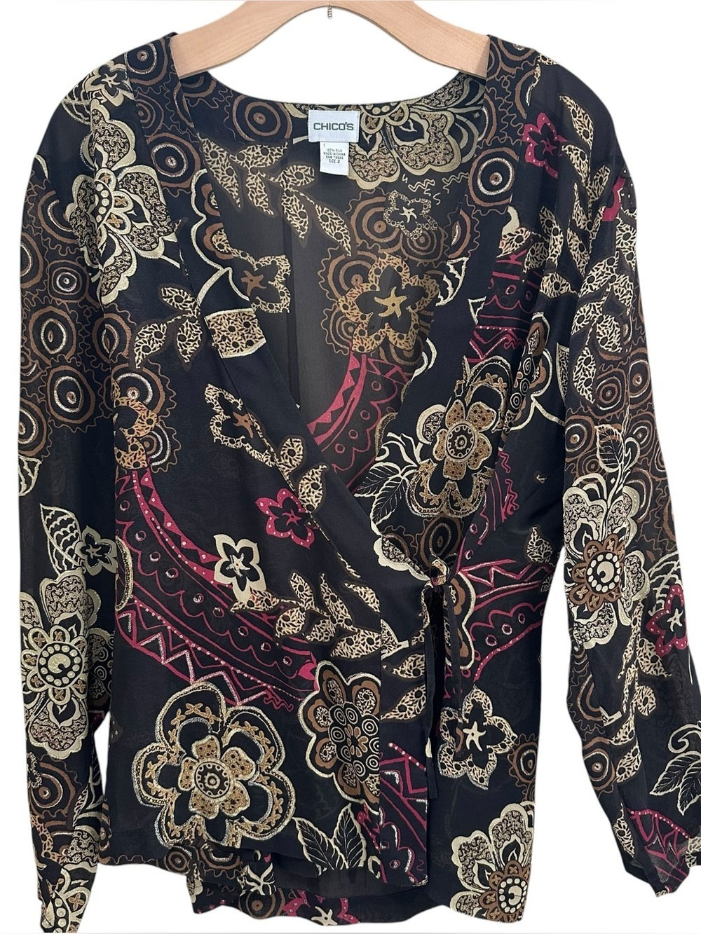 Chico's Silk Surplice Wrap Top Black Semi-Sheer Floral Bohemian Paisley Large